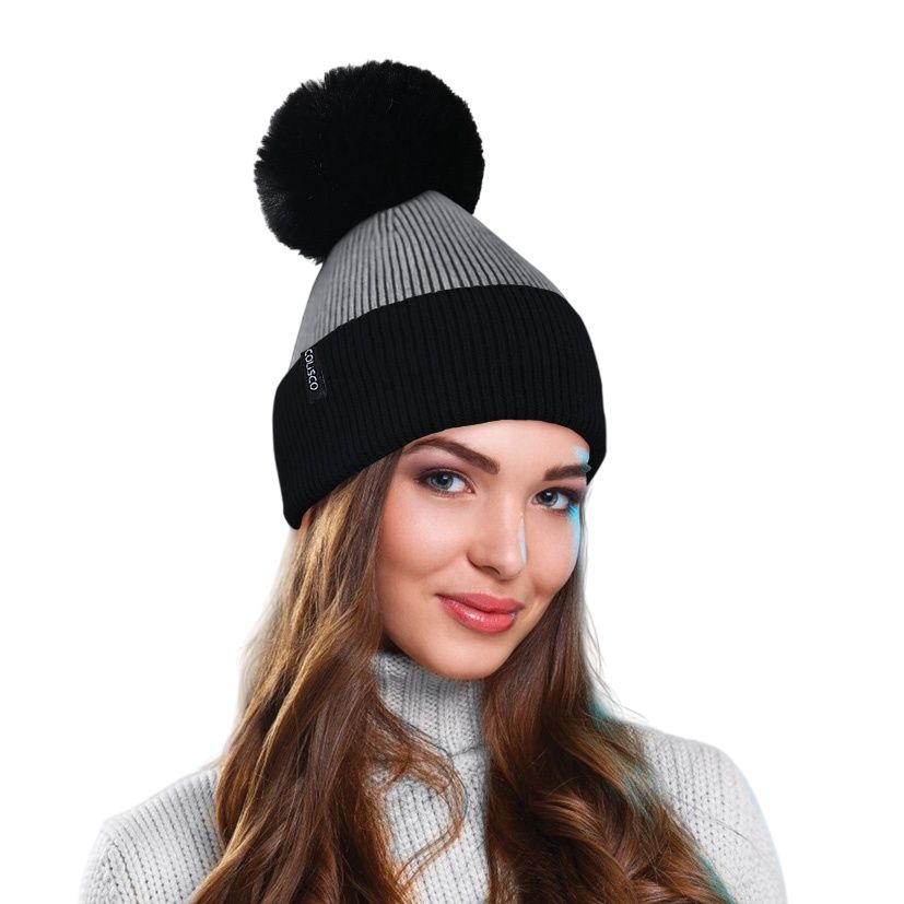 Colisco Soft Warm Pompom Beanies, Cozy Winter Knitted Beanie Hat, Grey/Black
