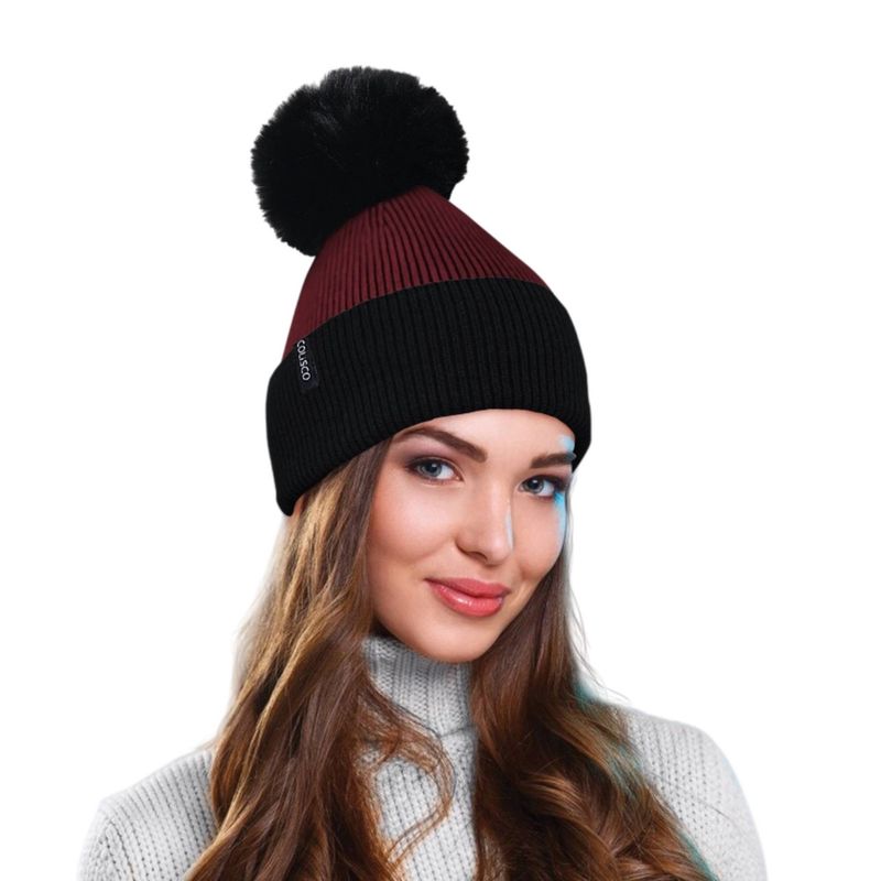 Colisco Soft Warm Pompom Beanies, Cozy Winter Knitted Beanie Hat, Burgundy/Black