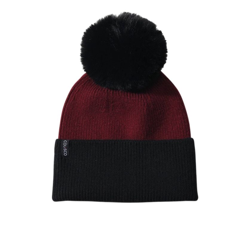 Colisco Soft Warm Pom Pom Beanie Hat, Burgundy/Black