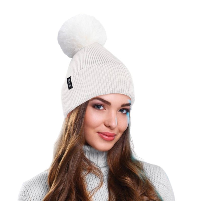 Colisco Soft Warm Pompom Beanies, Cozy Winter Knitted Beanie Hat, White