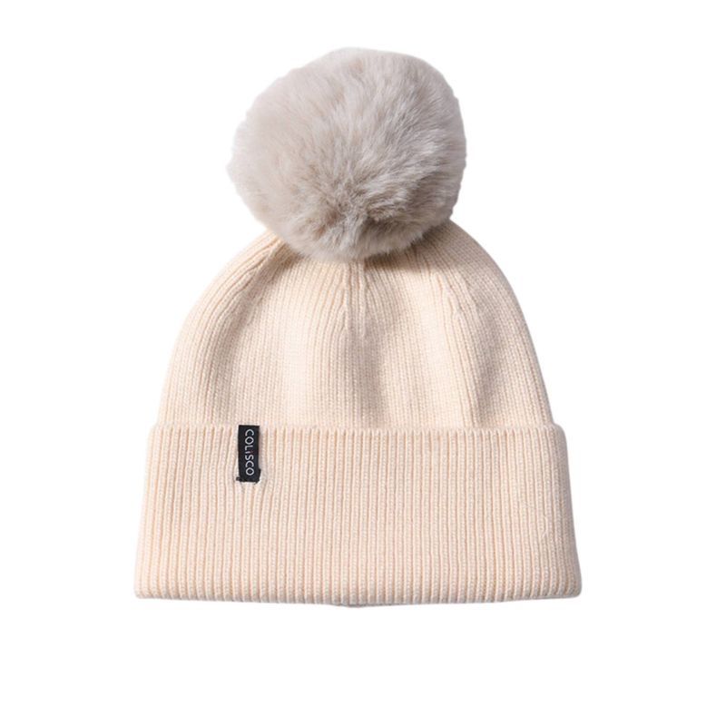 Colisco Soft Warm Pompom Beanies, Cozy Winter Knitted Beanie Hat, Cream