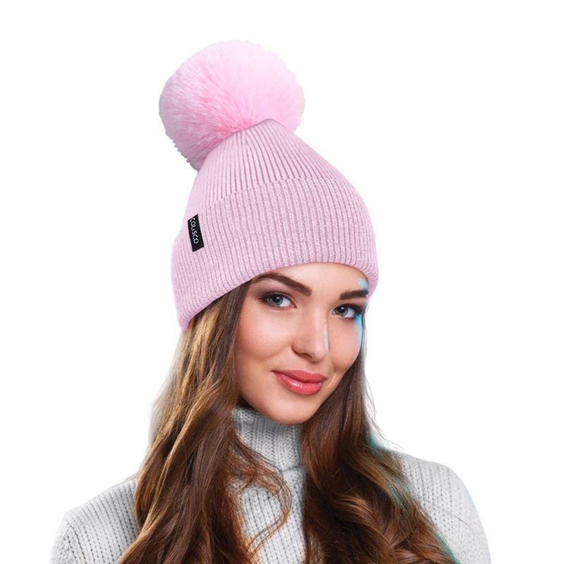 Colisco Soft Warm Pompom Beanies, Cozy Winter Knitted Beanie Hat, Light Pink