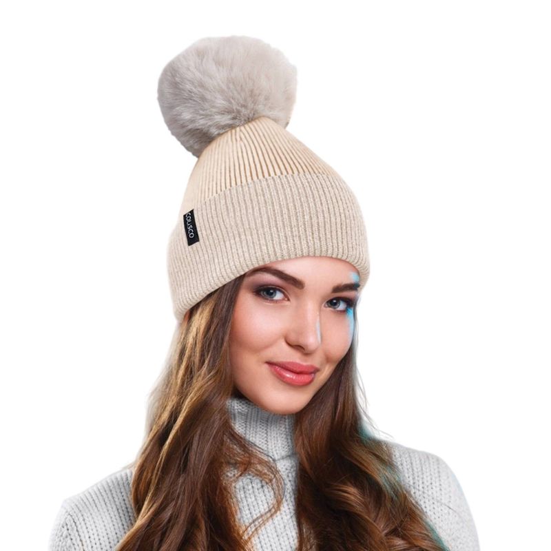 Colisco Soft Warm Pompom Beanies, Cozy Winter Knitted Beanie Hat, Cream