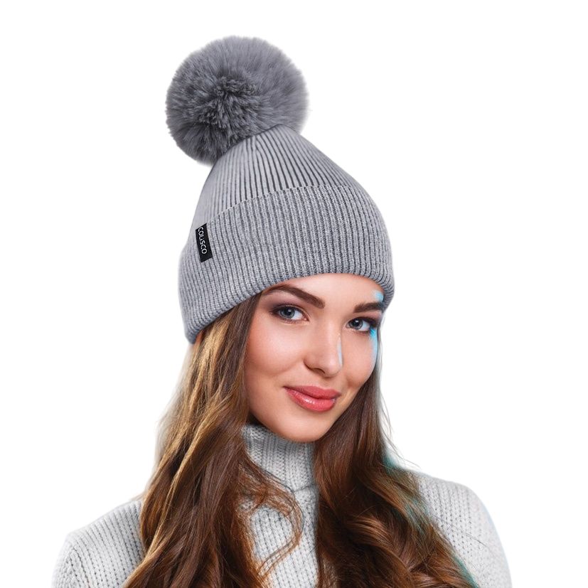 Colisco Soft Warm Pompom Beanies, Cozy Winter Knitted Beanie Hat, Light Gray