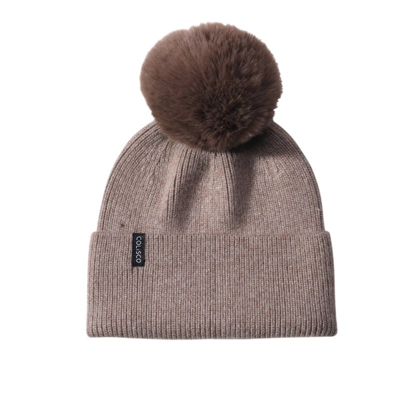 Colisco Soft Warm Pompom Beanies, Cozy Winter Knitted Beanie Hat, Light Brown