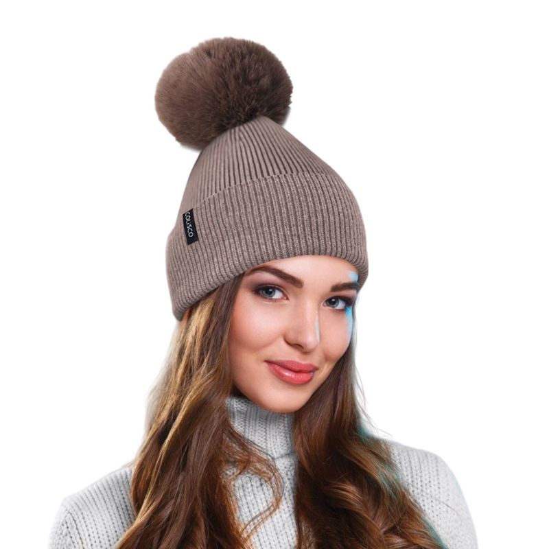 Colisco Soft Warm Pompom Beanies, Cozy Winter Knitted Beanie Hat, Light Brown