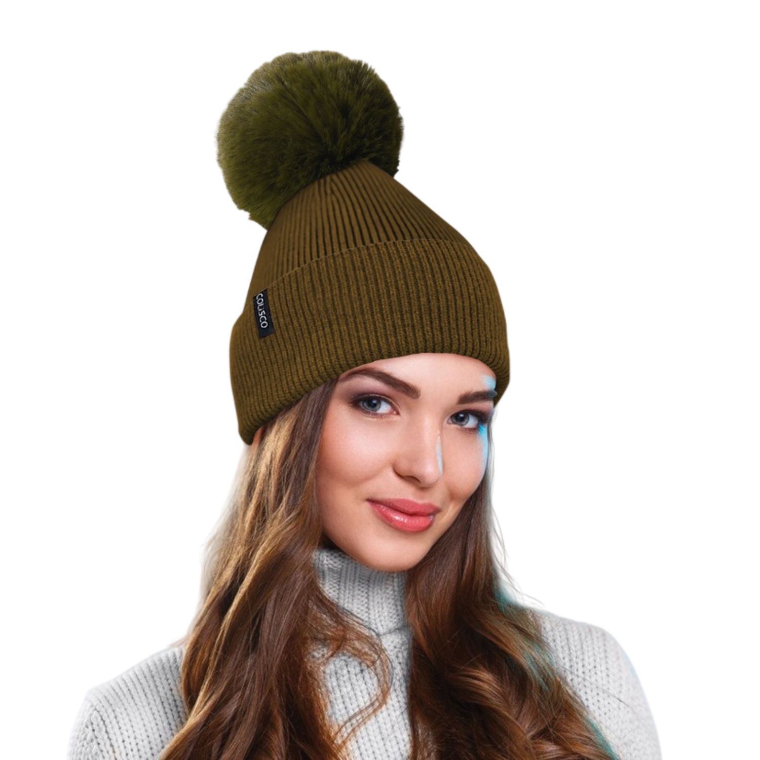 Colisco Soft Warm Pompom Beanies, Cozy Winter Knitted Beanie Hat, Olive Green