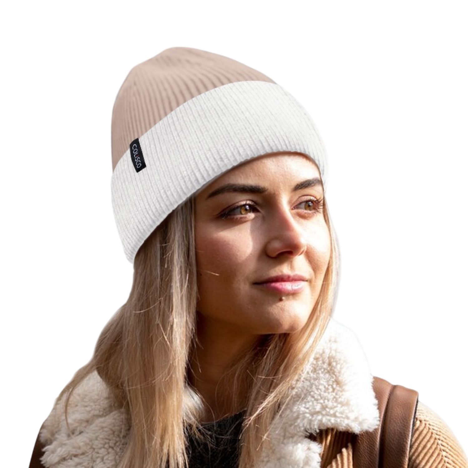 Colisco Soft Warm Cuff Beanie, Cozy Winter Knitted Beanie Hat, Light Brown/White