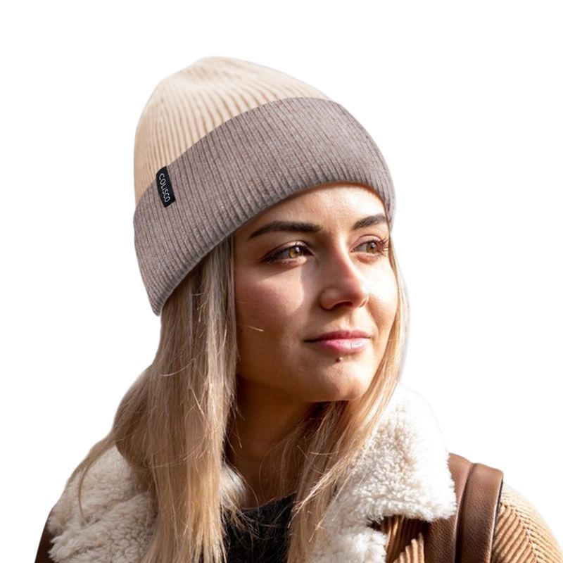 Colisco Soft Warm Cuff Beanie, Cozy Winter Knitted Beanie Hat, Cream/Brown