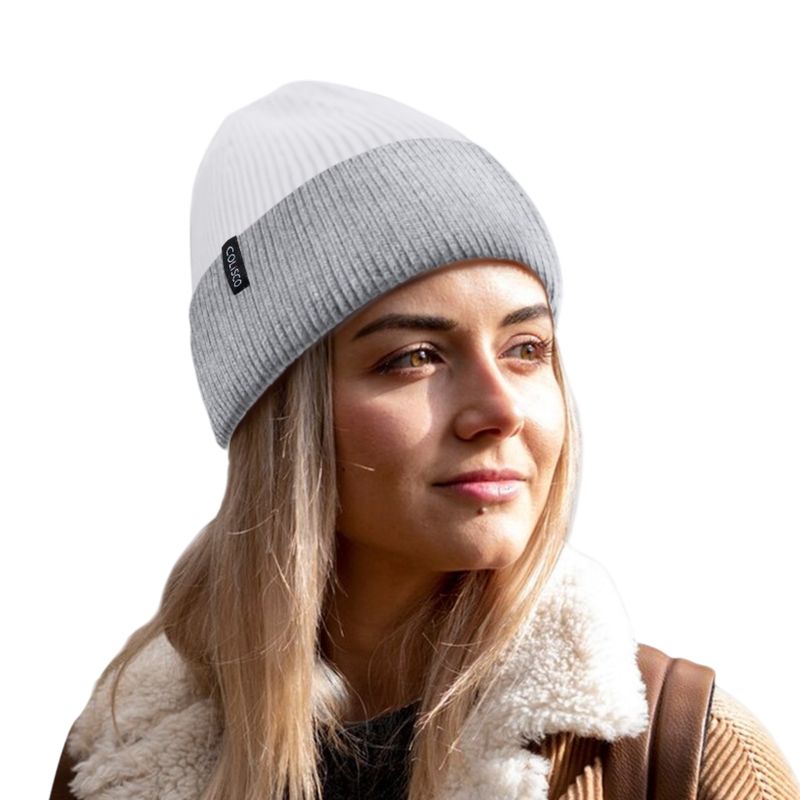Colisco Soft Warm Cuff Beanie, Cozy Winter Knitted Beanie Hat, White/Grey