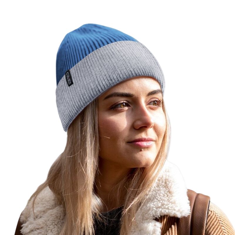 Colisco Soft Warm Cuff Beanie, Cozy Winter Knitted Beanie Hat, Blue/Light Grey