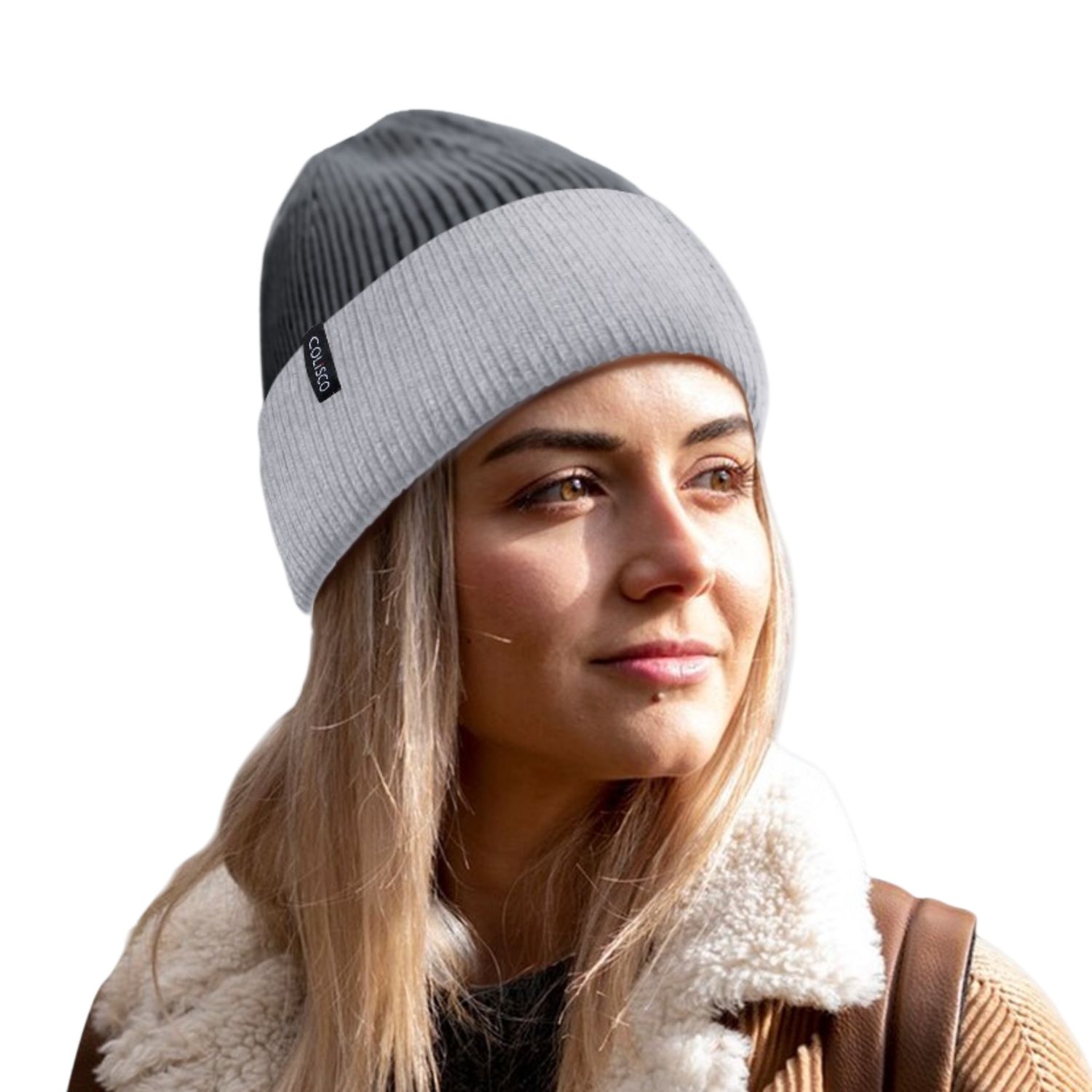 Colisco Soft Warm Cuff Beanie, Cozy Winter Knitted Beanie Hat, Light Grey/Grey