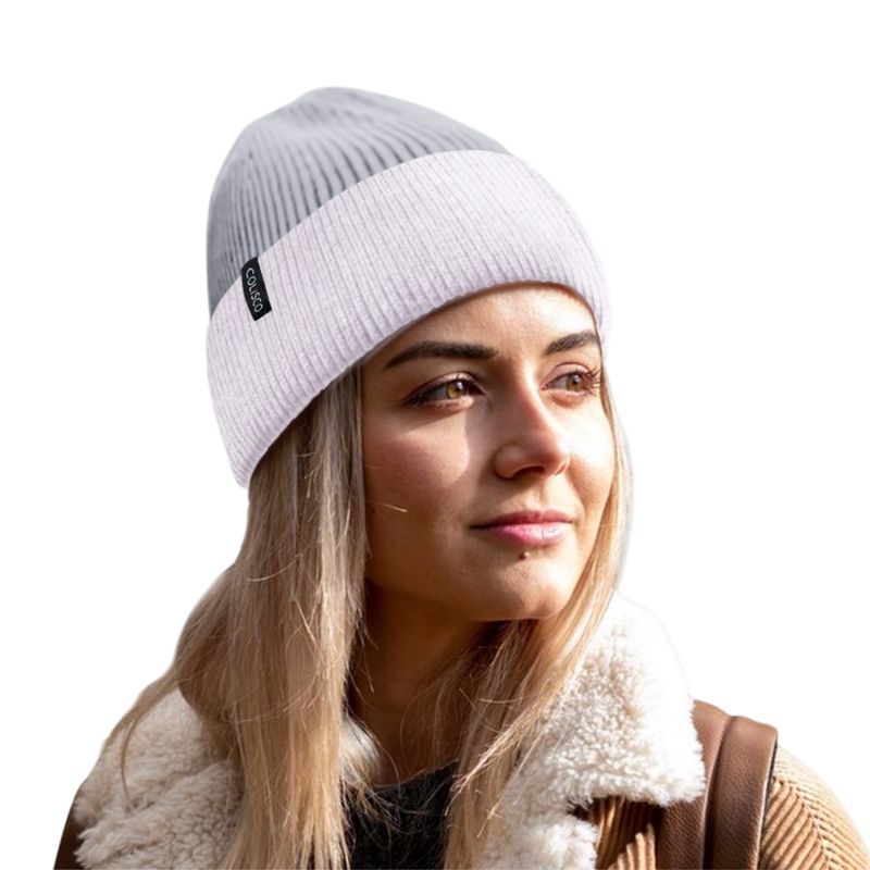 Colisco Soft Warm Cuff Beanie, Cozy Winter Knitted Beanie Hat, Grey/Pink
