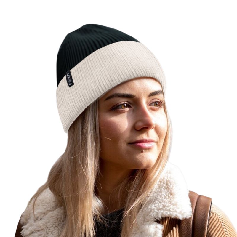 Colisco Soft Warm Cuff Beanie, Cozy Winter Knitted Beanie Hat, Black/White