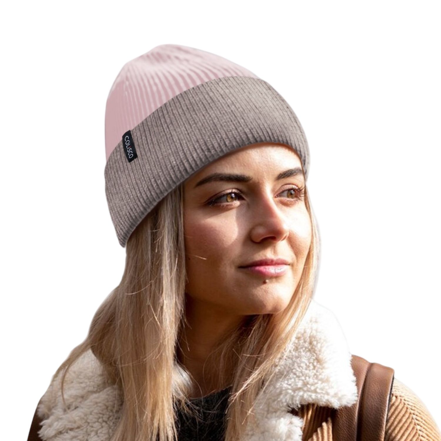 Colisco Soft Warm Cuff Beanie, Cozy Winter Knitted Beanie Hat, Pink/Brown