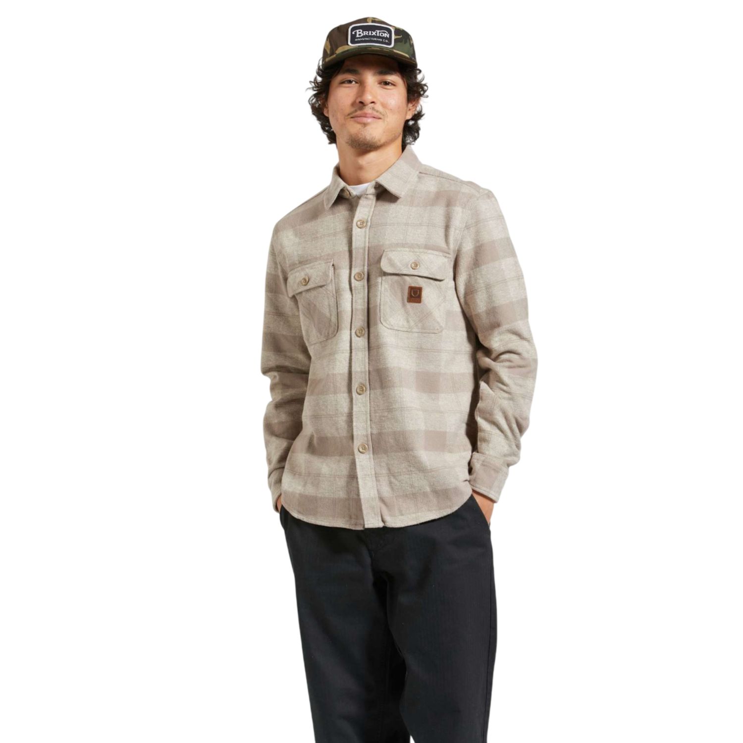 Brixton Bowery Heavy Weight L/S Flannel, Color: Off White/Cinder, Size: S
