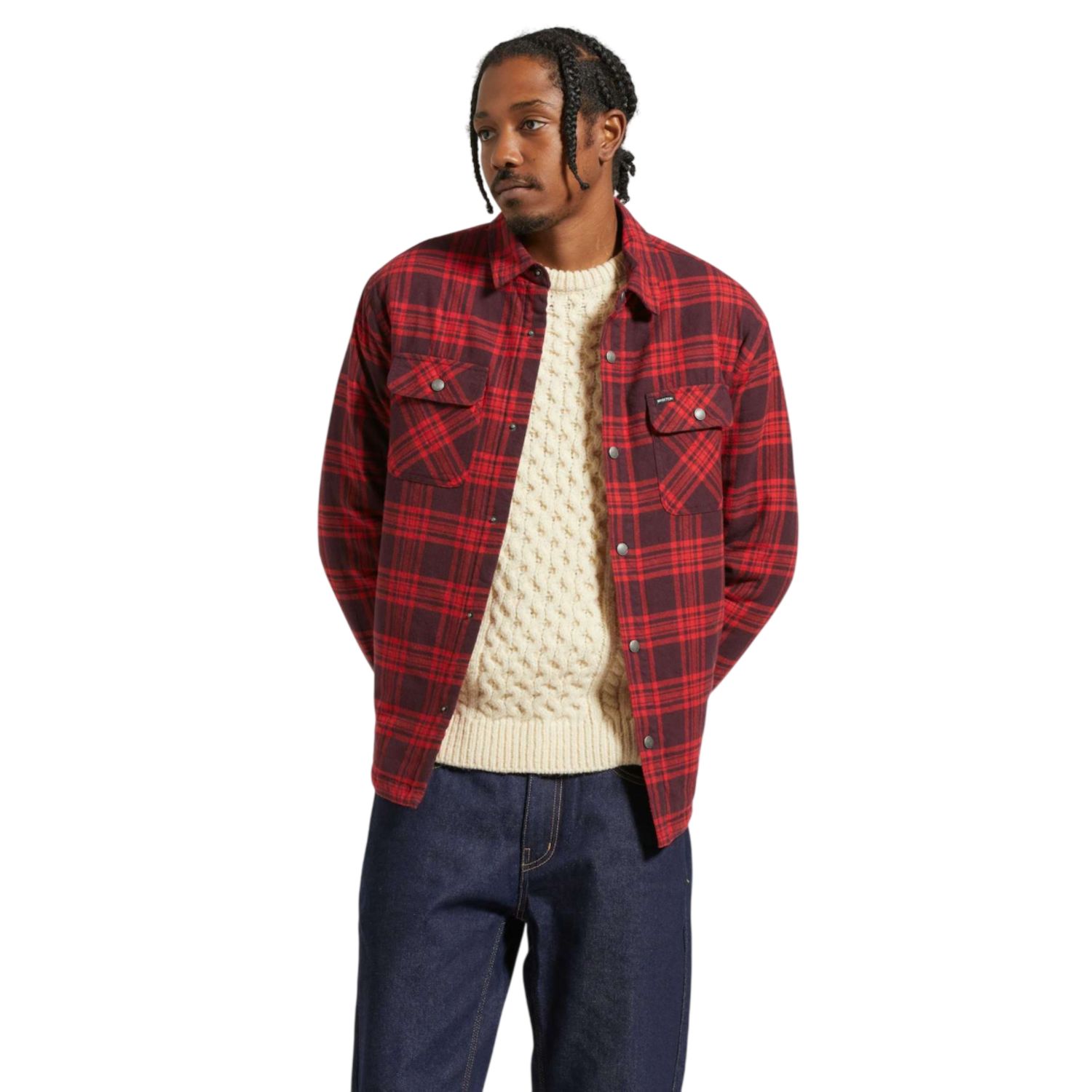 Brixton Bowery Quilted Flannel Shirt, Color: Bright Red/Mahogany, Size: S
