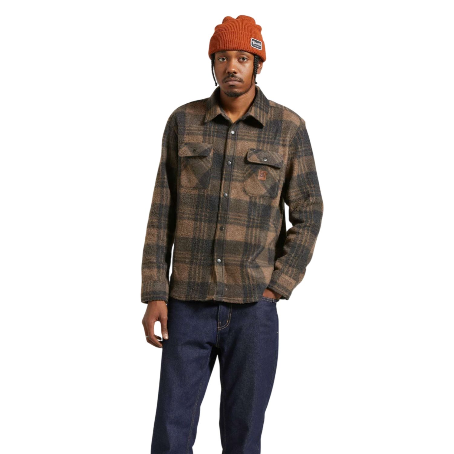 Brixton Men's Bowery Arctic Stretch L/S Fleece Flannel, Color: Burro Brown/Black Plaid, Size: S