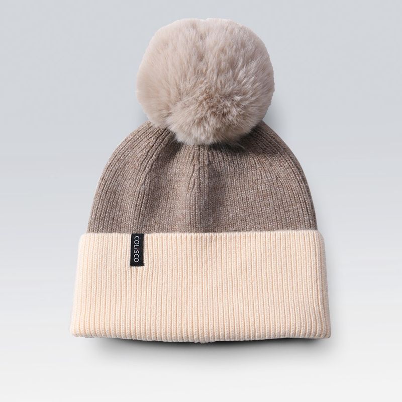 Colisco Soft Warm Pompom Beanies, Cozy Winter Knitted Beanie Hat, Cream/Brown 10142