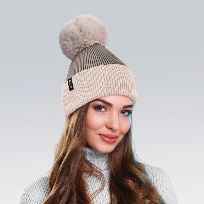 Colisco Soft Warm Pompom Beanies, Cozy Winter Knitted Beanie Hat, Cream/Brown 10142
