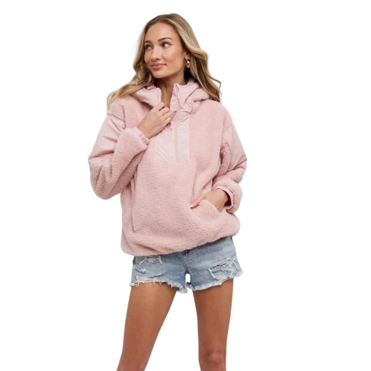 Faux Shearling Contrast Hoodie 164369, Color: Dusty Pink, Size: M