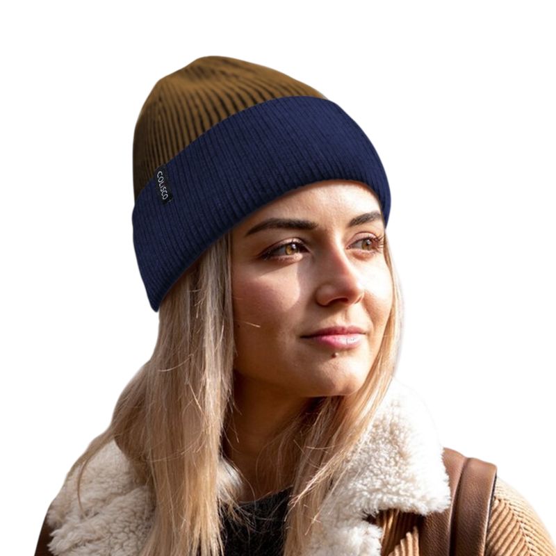 Colisco Soft Warm Cuff Beanie, Cozy Winter Knitted Beanie Hat, Blue/Camel