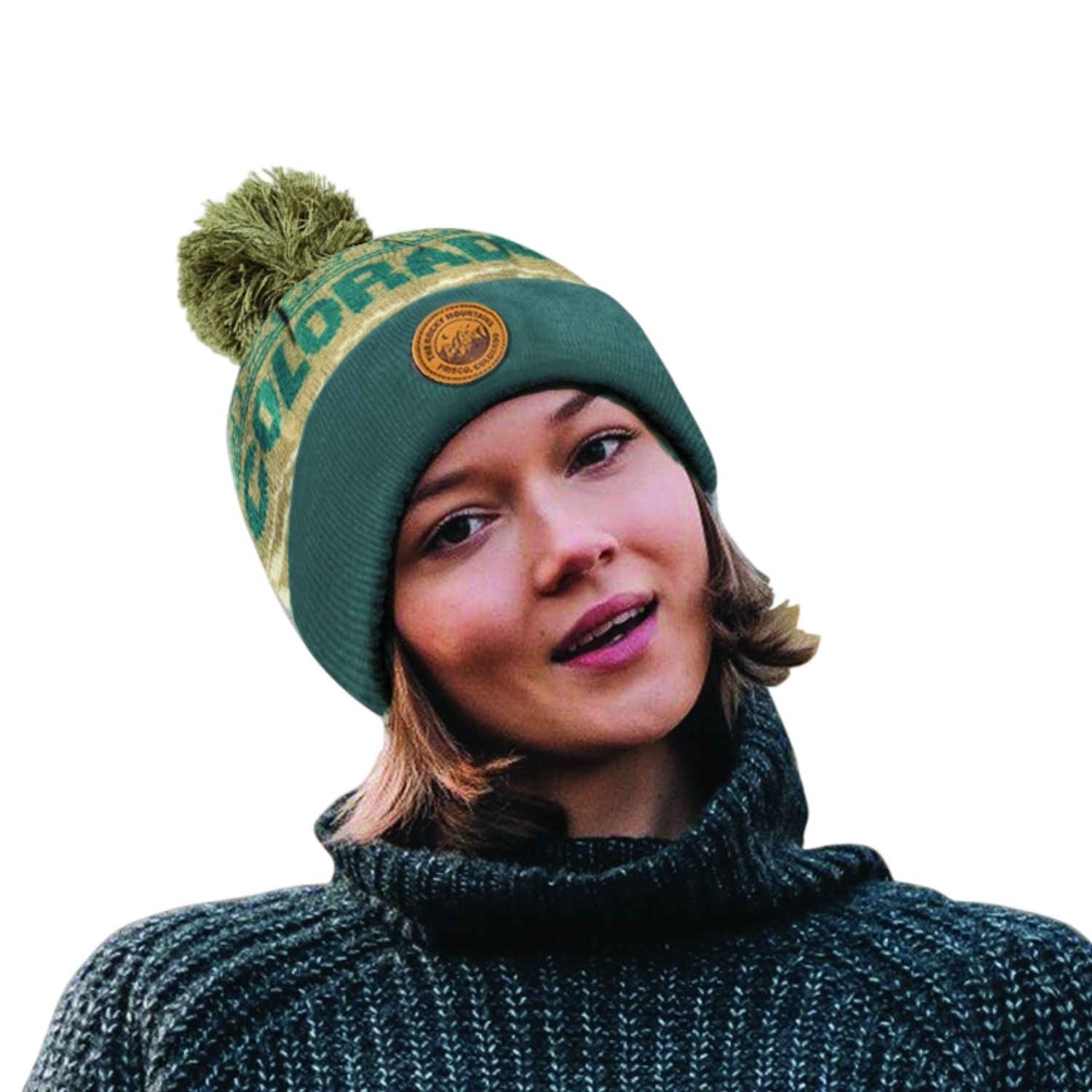 Colisco Soft Warm Customizable Pompom Beanies, Beige/Teal