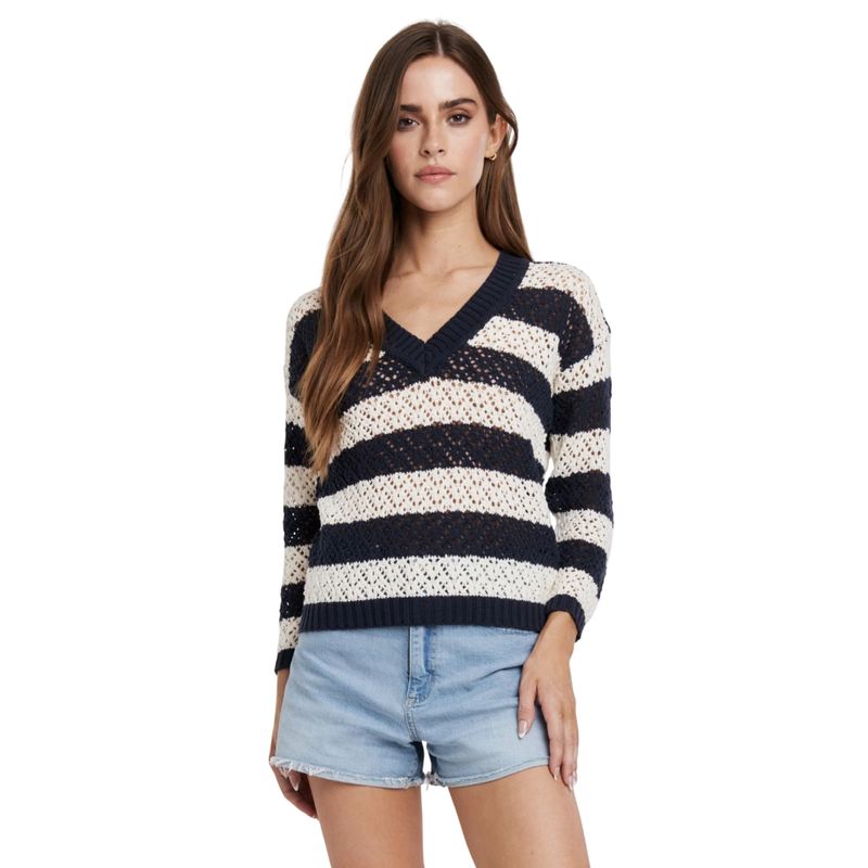 Alani V-Neck Crochet Stripe Sweater, Navy/Cream