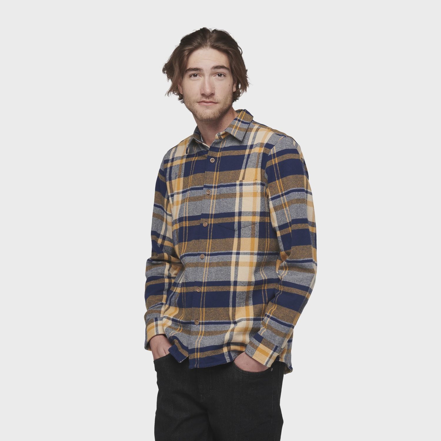 Men's Project Flannel Shirt, Color: Indigo-Gold Plaid, Size: Medium