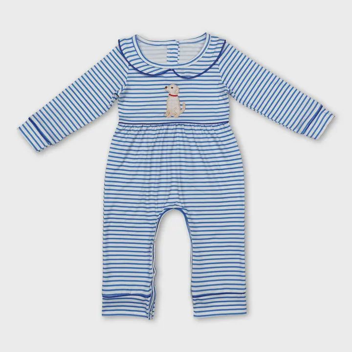 Blue Stripe Long Sleeves Dog Baby Boys Romper