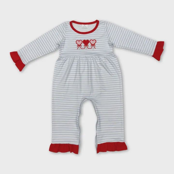 Grey Stripe Heart Baby Girls Valentine&#39;s Romper