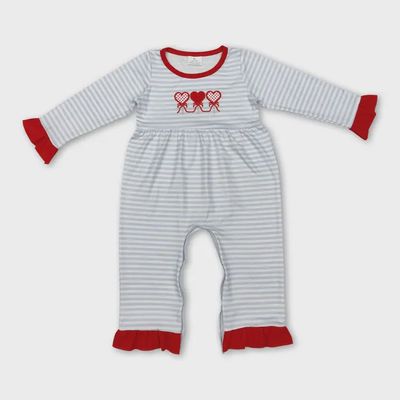 Grey Stripe Heart Baby Girls Valentine&#39;s Romper