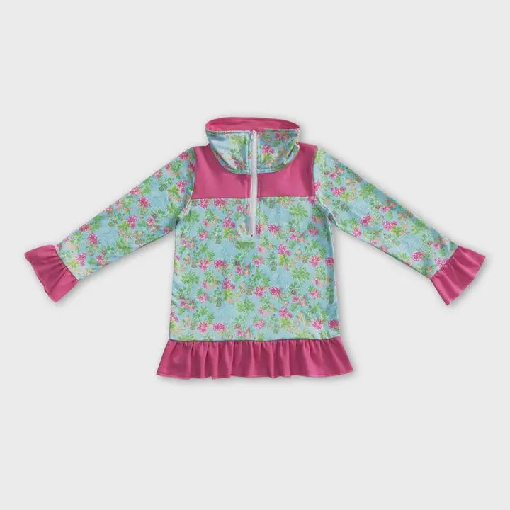 Hot Pink Ruffle Floral Kids Girls Zipper Pullover