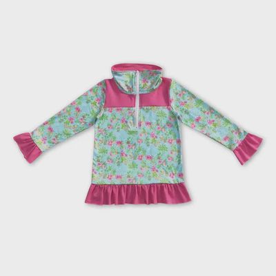Hot Pink Ruffle Floral Kids Girls Zipper Pullover