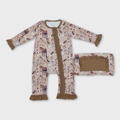 Long Sleeves Horse Western Kids Girls Zipper Romper