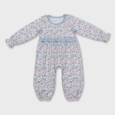 Long Sleeves Light Blue Ruffle Floral Baby Girls Romper