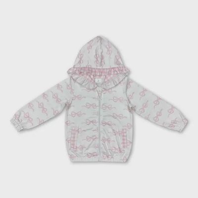 White Pink Bow Ruffle Pocket Zipper Baby Girls Hooded Jacket