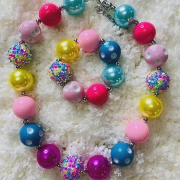 240301-Multi Color Cute Bubble Girls Necklace &amp; Bracelet Set