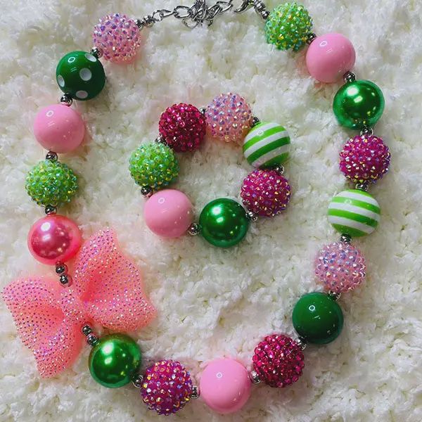 240305 Pink &amp; Green Bubble Girls Pendant Necklace &amp; Bracelet
