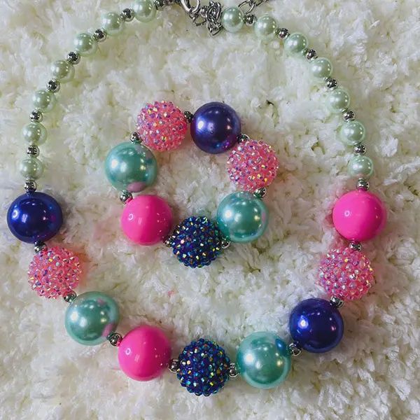 240307 Blue &amp; Pink Bubble Girls Necklace &amp; Bracelet Sets