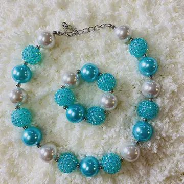 240313  - Blue &amp; Cream Bubble Girls Necklace &amp; Bracelet Sets