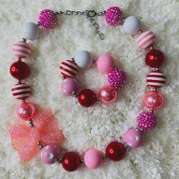 240328 Pink &amp; White Bow Bubble Girls Necklace &amp; Bracelet Set