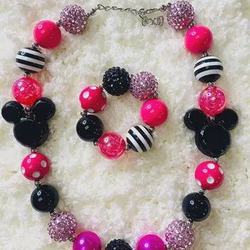 240346 Hot Pink &amp; Black Bubble Girls Necklace &amp; Bracelet