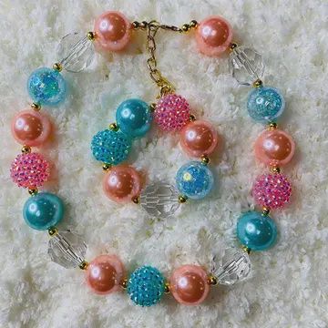 240325 Pink &amp; Turquoise Bubble Girls Necklace &amp; Bracelet Set
