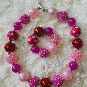240341 Pink &amp; Hot Pink &amp; Red Girls Necklace &amp; Bracelet