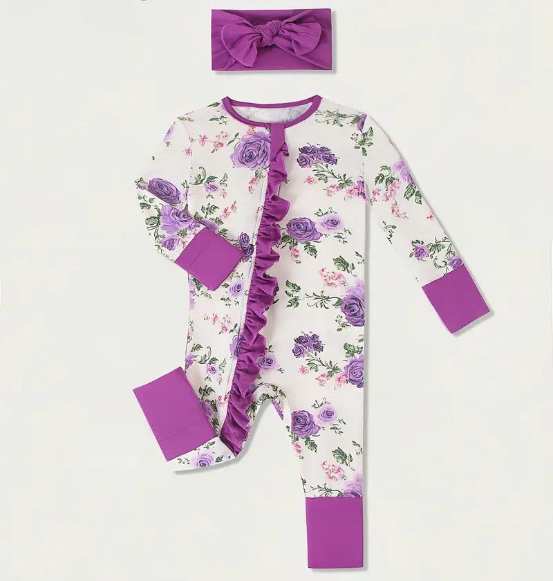 Purple Flower Bamboo  Sleeper with Headband