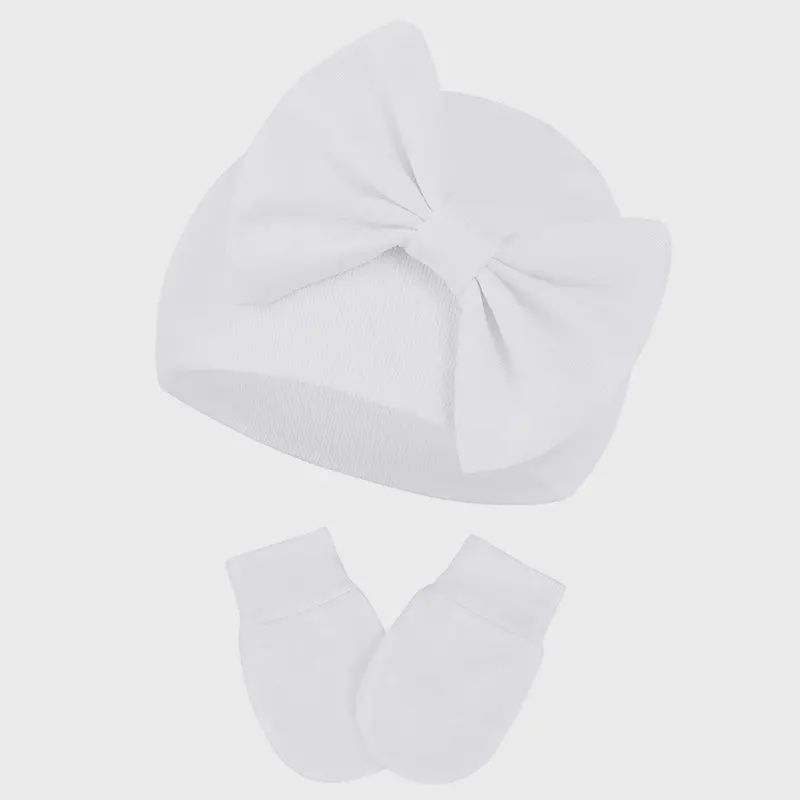 Infant Bow Hat and Mitten Set