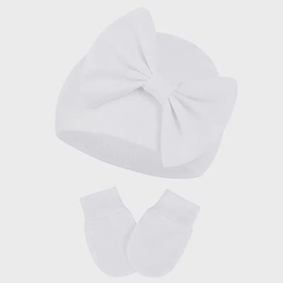Infant Bow Hat and Mitten Set