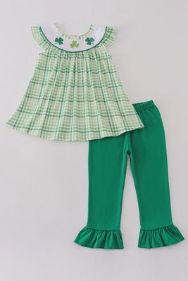Green Lucky Clover Embroidery Pants Set