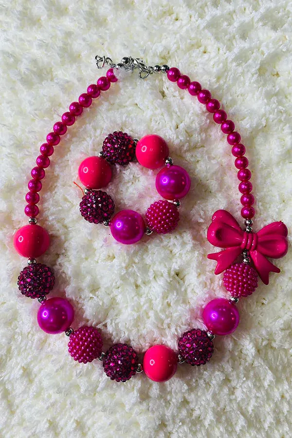 240308 - Hot Pink Bubble Bow Girls Necklace &amp; Bracelet Set